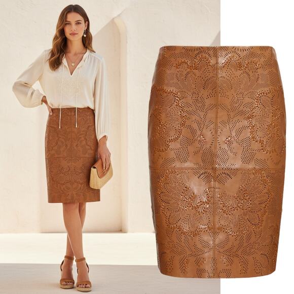 NEW Lauren Ralph Lauren Black Label Tooled Leather Pencil Skirt Sz 10 Brown Luxe - Picture 2 of 13